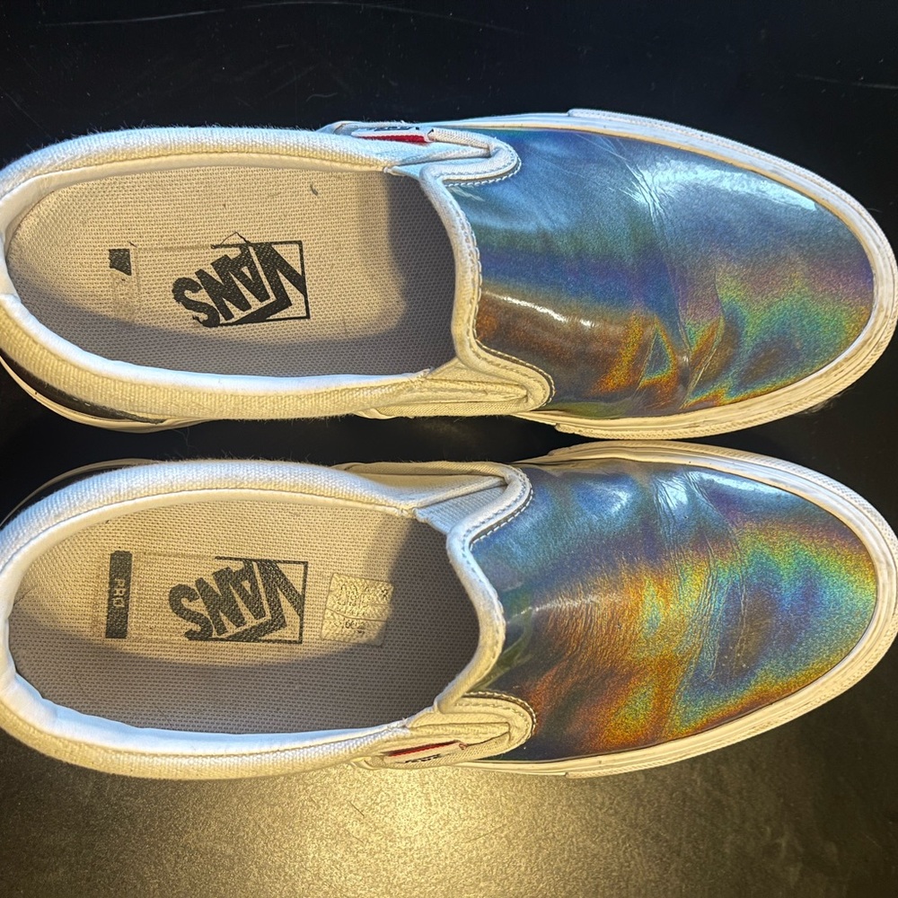 Vans Slip-On Pro Iridescent Silver & True White Skate Shoes Men 7.5